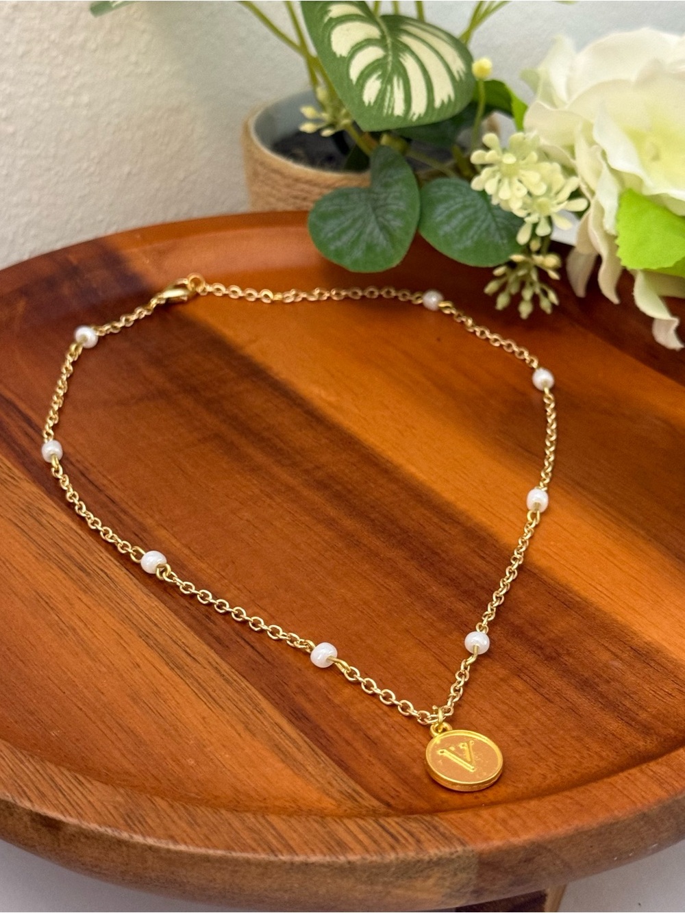 Personalized Gold Pearl Station Necklace with Custom Initial Pendant